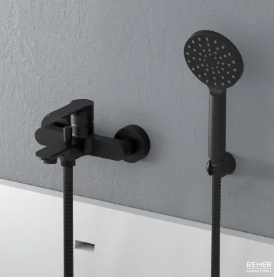 Exposed Remer Energy Bath/Shower Mixer with Hose, 4-Spray Hand Shower and Articulated Holder in Matte Black Brass