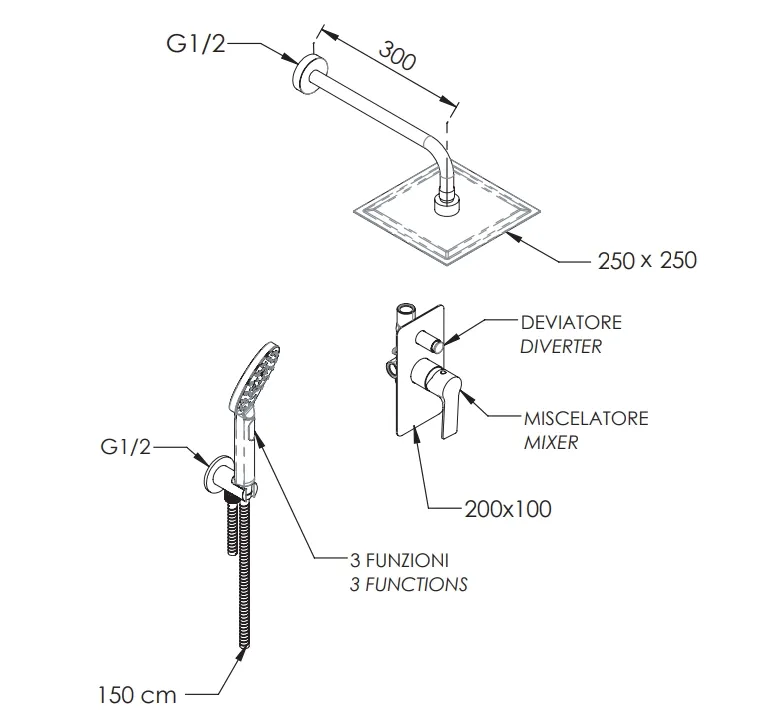 Built-in shower set Remer Energy 250 mm in chrome-plated brass