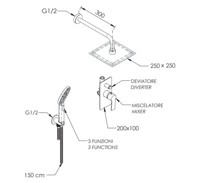 Built-in shower set Remer Energy 250 mm in chrome-plated brass