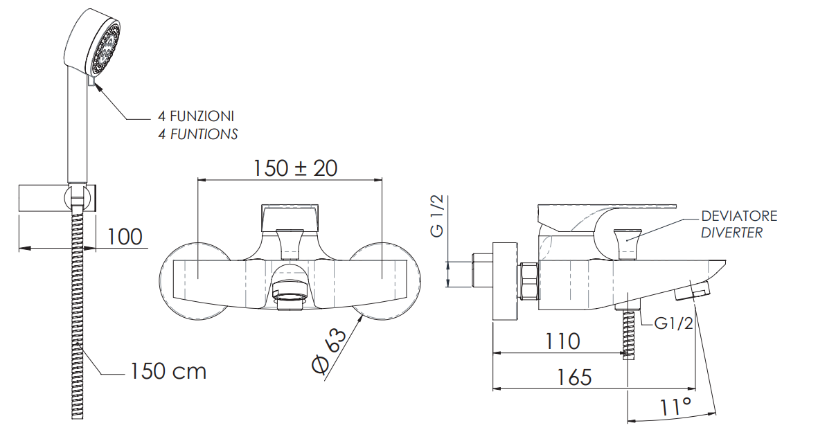 Mitigeur de bain / douche apparent Remer Classline avec flexible, douchette 4 jets et support articulé en laiton chromé — vue 2