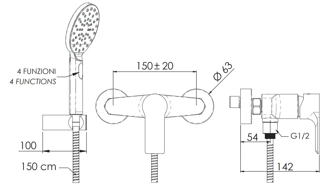 Mitigeur de douche apparent avec levier frontal Remer Energy avec support, flexible et douchette à main 4 jets en laiton noir mat - vue 2