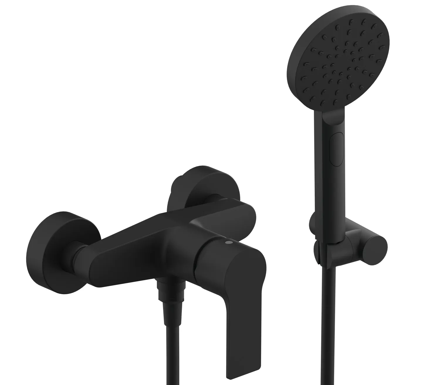 Exposed shower mixer with front lever Remer Energy with holder, hose, and 4-jet hand shower in matte black brass