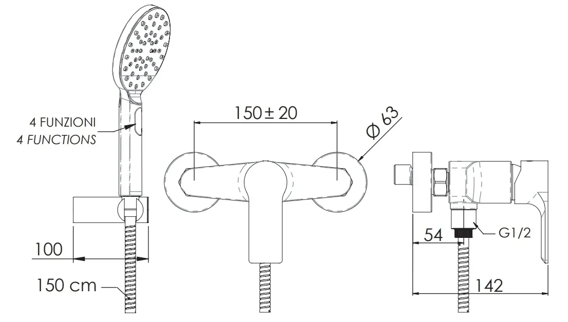 Mitigeur de douche apparent avec levier frontal Remer Energy avec support, flexible et douchette à main 4 jets en laiton noir mat — vue 2