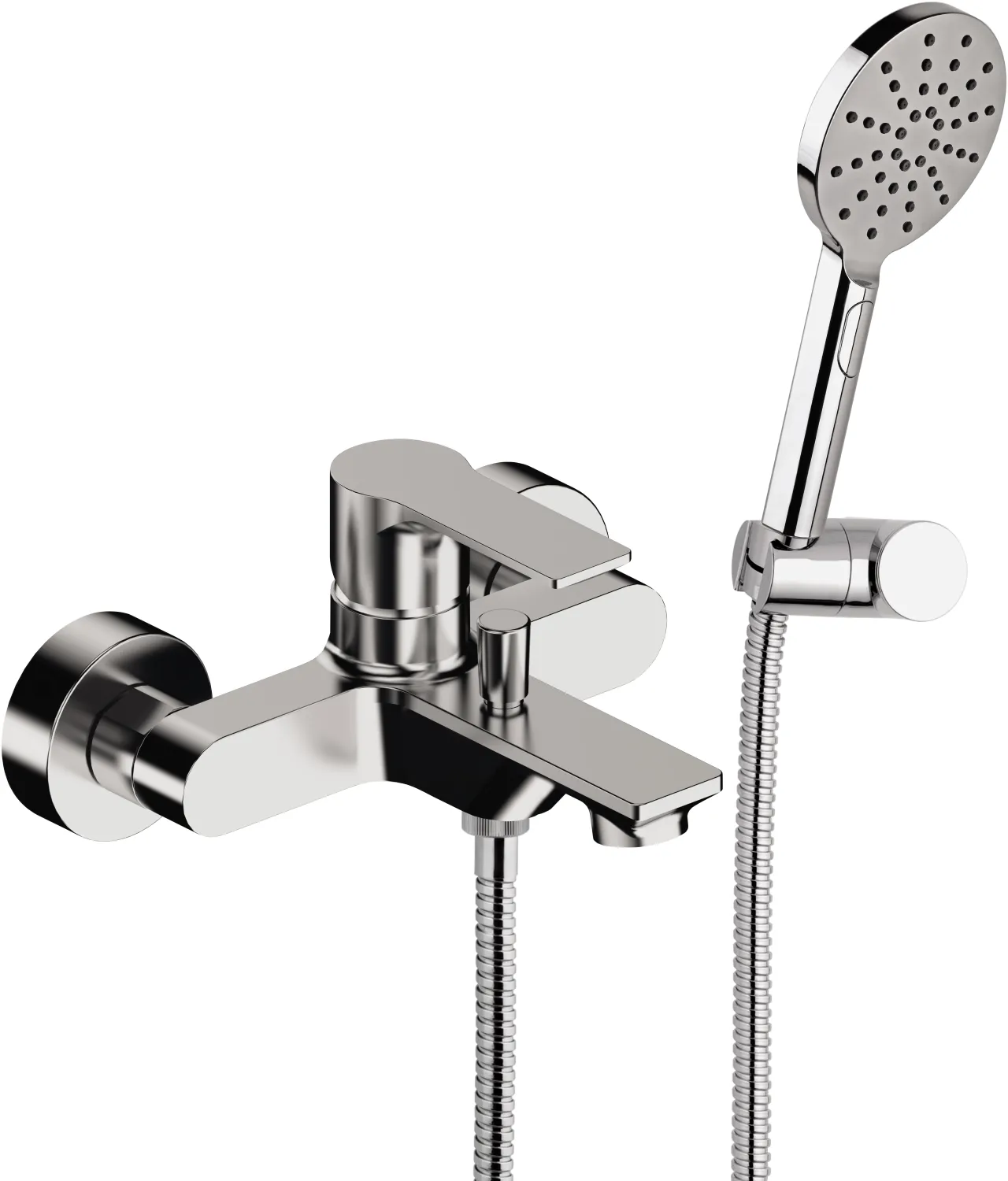 Exposed bath/shower mixer Remer Energy with flexible hose, 4-jet hand shower, and articulated chrome-plated brass holder