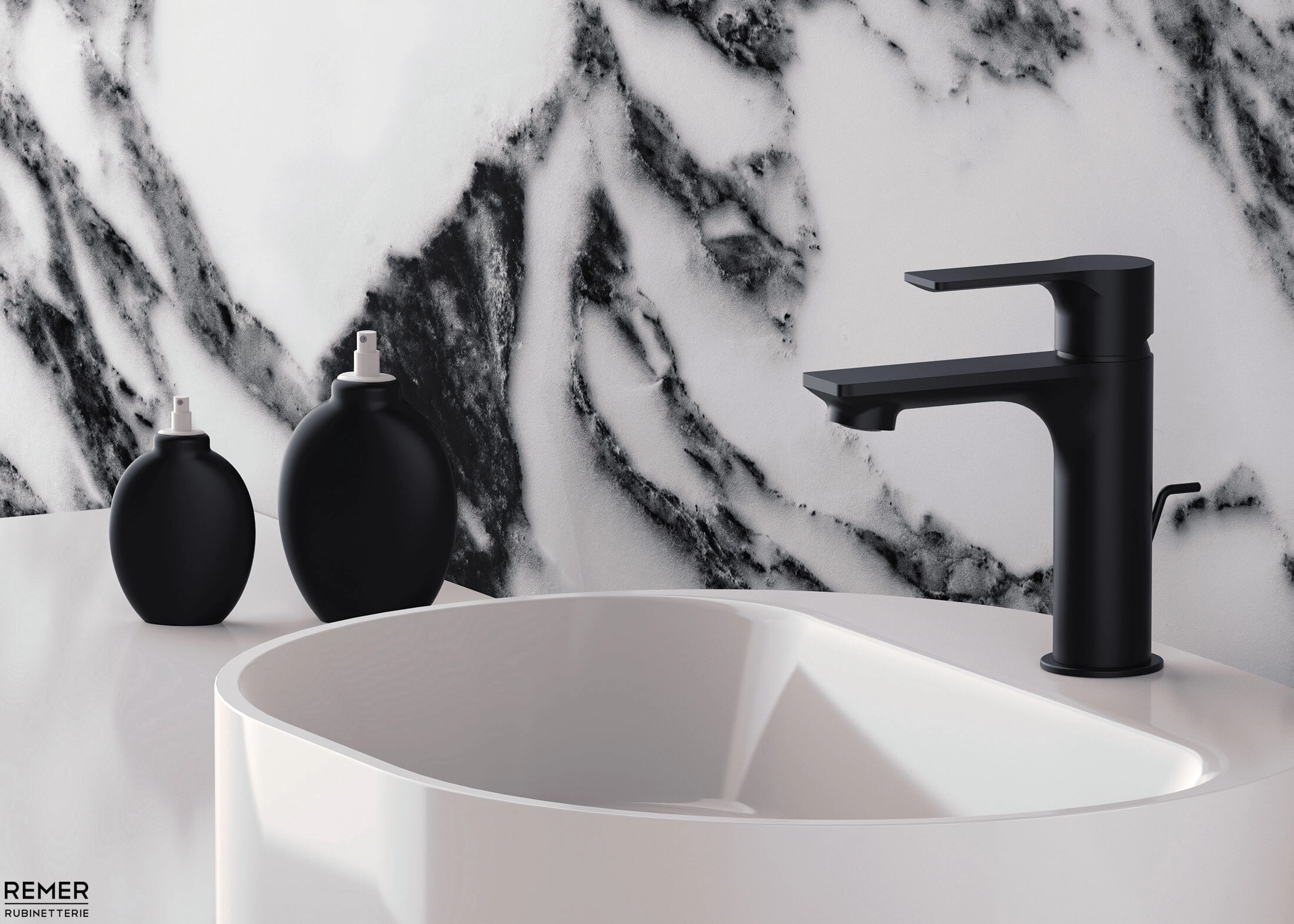Mitigeur de lavabo Remer Energy 100 avec tirette et vidage en laiton noir mat - vue 2