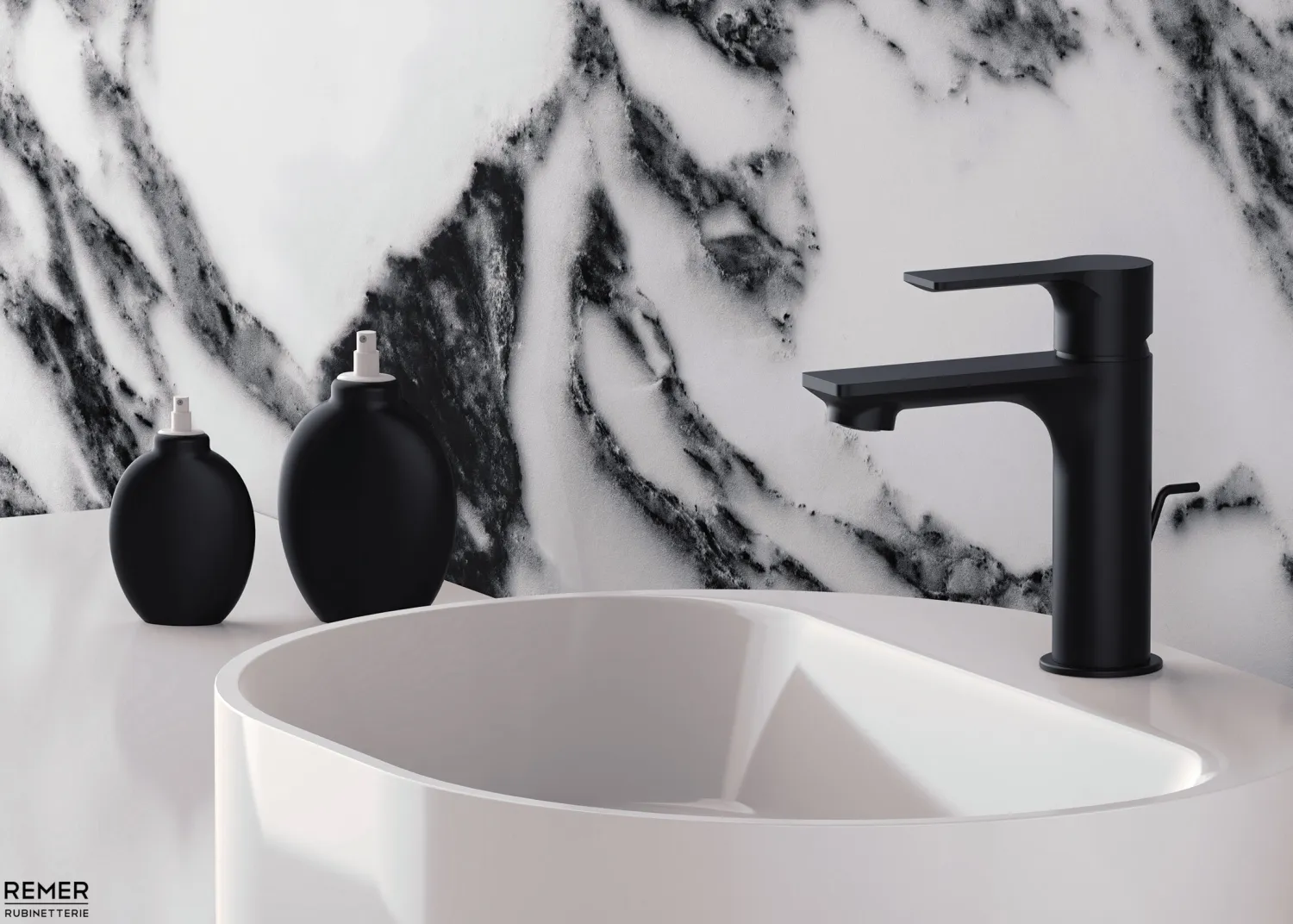 Mitigeur de lavabo Remer Energy 100 avec tirette et vidage en laiton noir mat