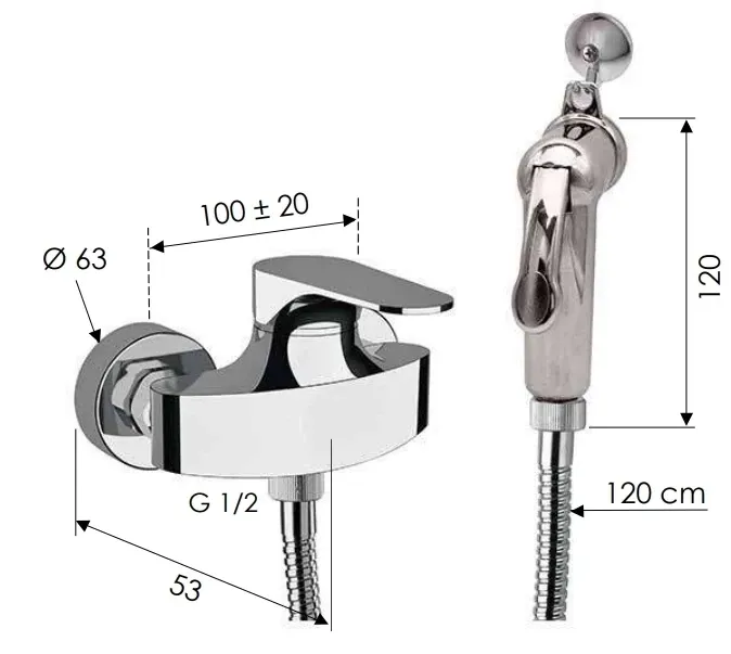 Hygienic WC Set with Exposed Mixer Remer Energy in Chrome-Plated Brass