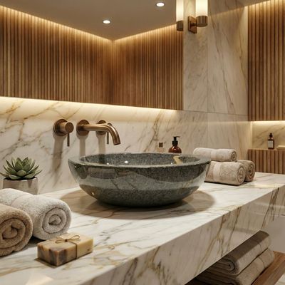 Bol à poser Bolero 44 cm granité gris Lavabo vasque en granit gris, 44 cm, élément de salle de bain moderne au design élégant et entouré d'un plan de travail en marbre.