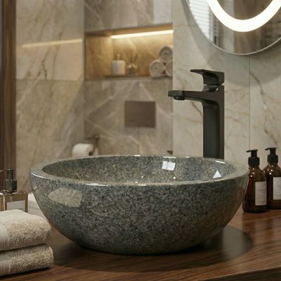 Lavabo Bolero 44 cm en granit gris, matériau Marbryx, design moderne, accessoire de salle de bains élégant.