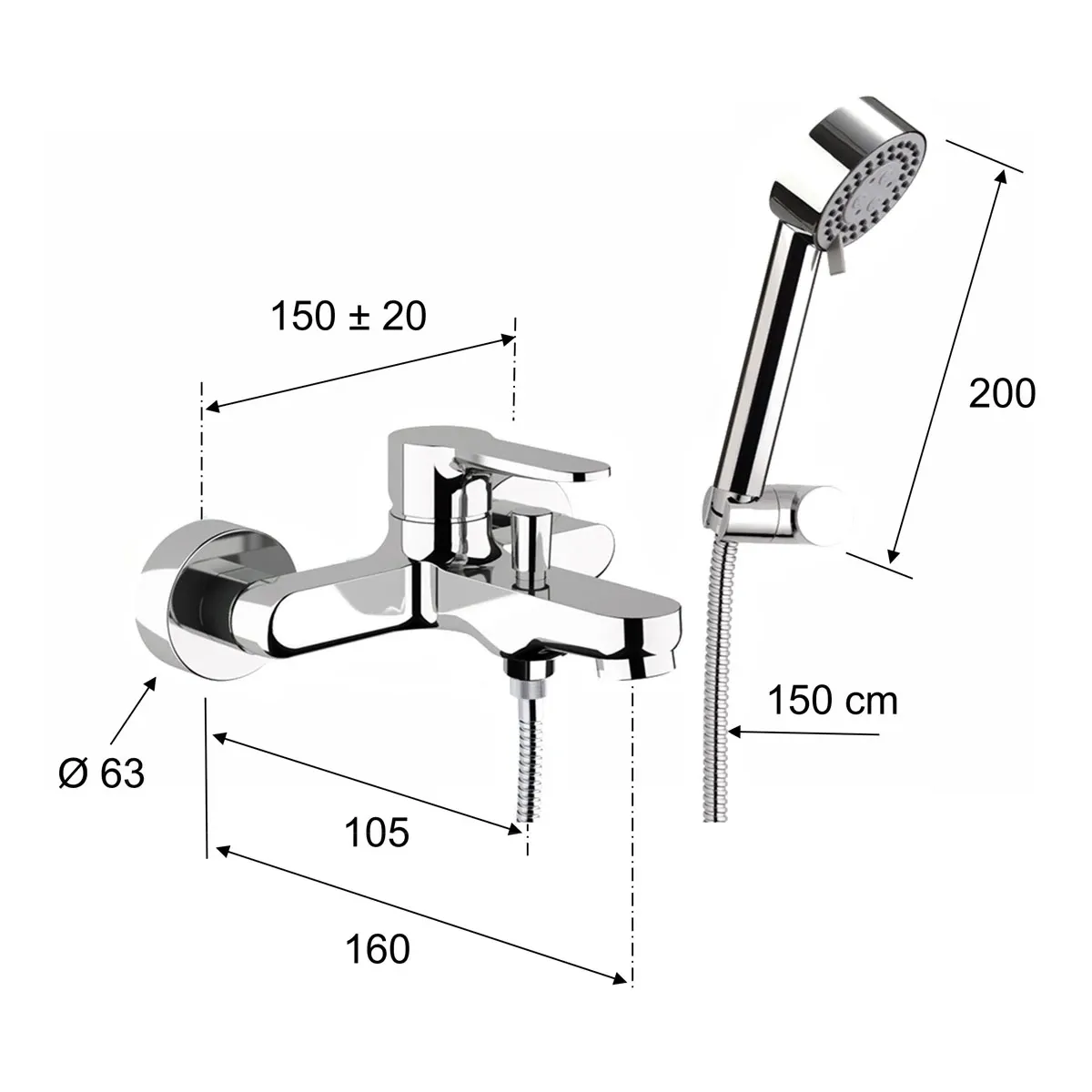 Mitigeur de bain / douche apparent Remer Winner avec flexible, douchette 4 jets et support articulé en laiton chromé — vue 3