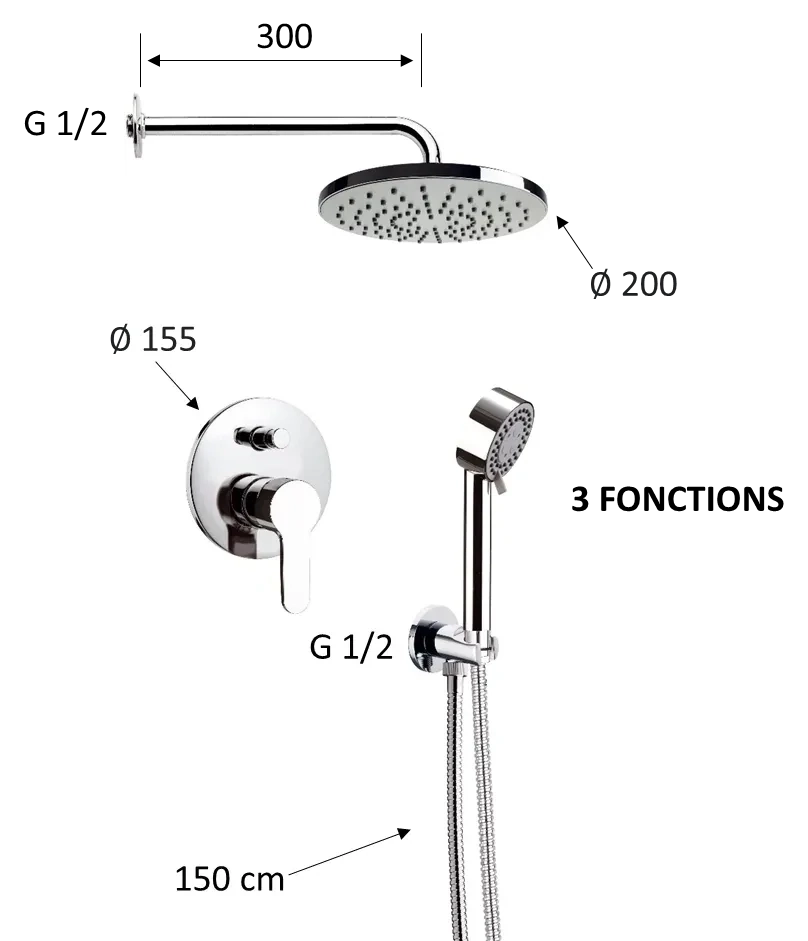 Ensemble de douche encastré Remer Winner 200 mm en laiton chromé - vue 2
