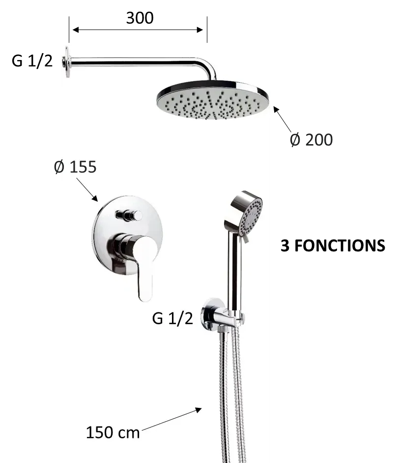 Built-in Shower Set Remer Winner 200 mm in Chrome-Plated Brass
