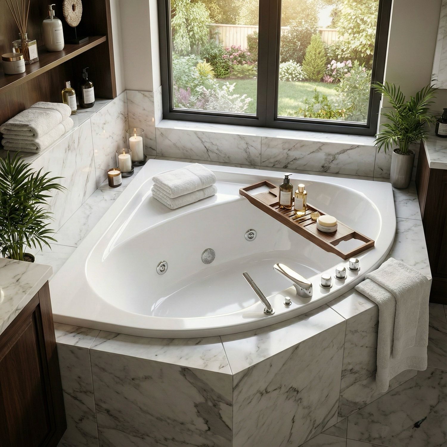 Glass corner bathtub with apron, support, and feet - Pop Series - 140 x 140 cm