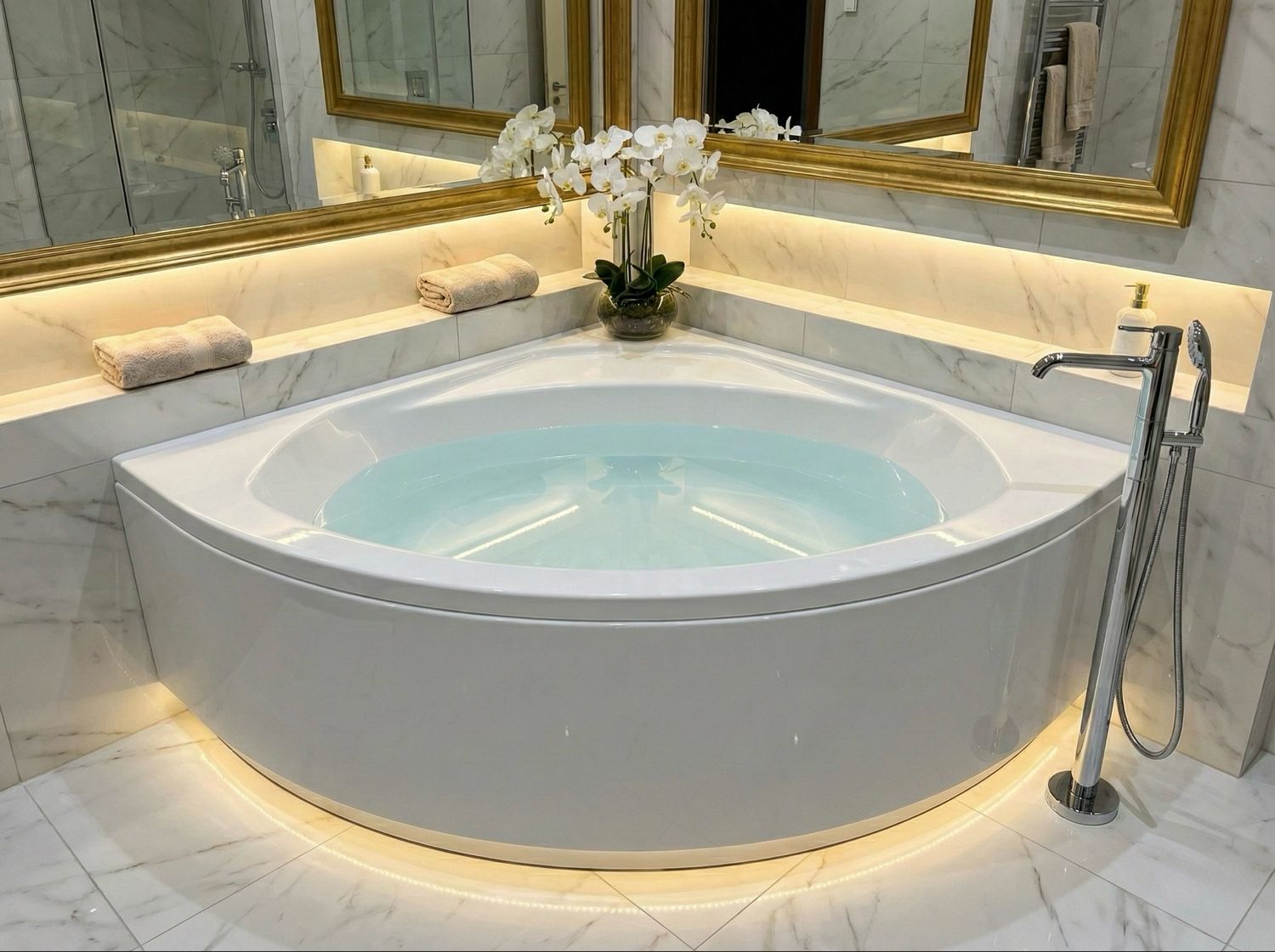 Glass corner bathtub with apron, support, and feet - Pop Series - 140 x 140 cm