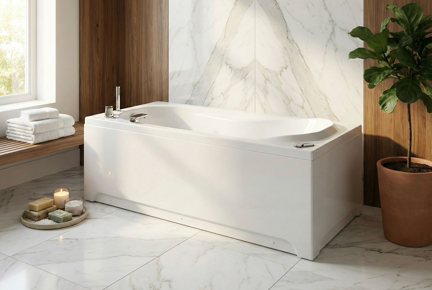 Rectangular Glass Bathtub with Front Panel, Side Panel, Support, and Feet - Lis Series - 170 x 75 cm