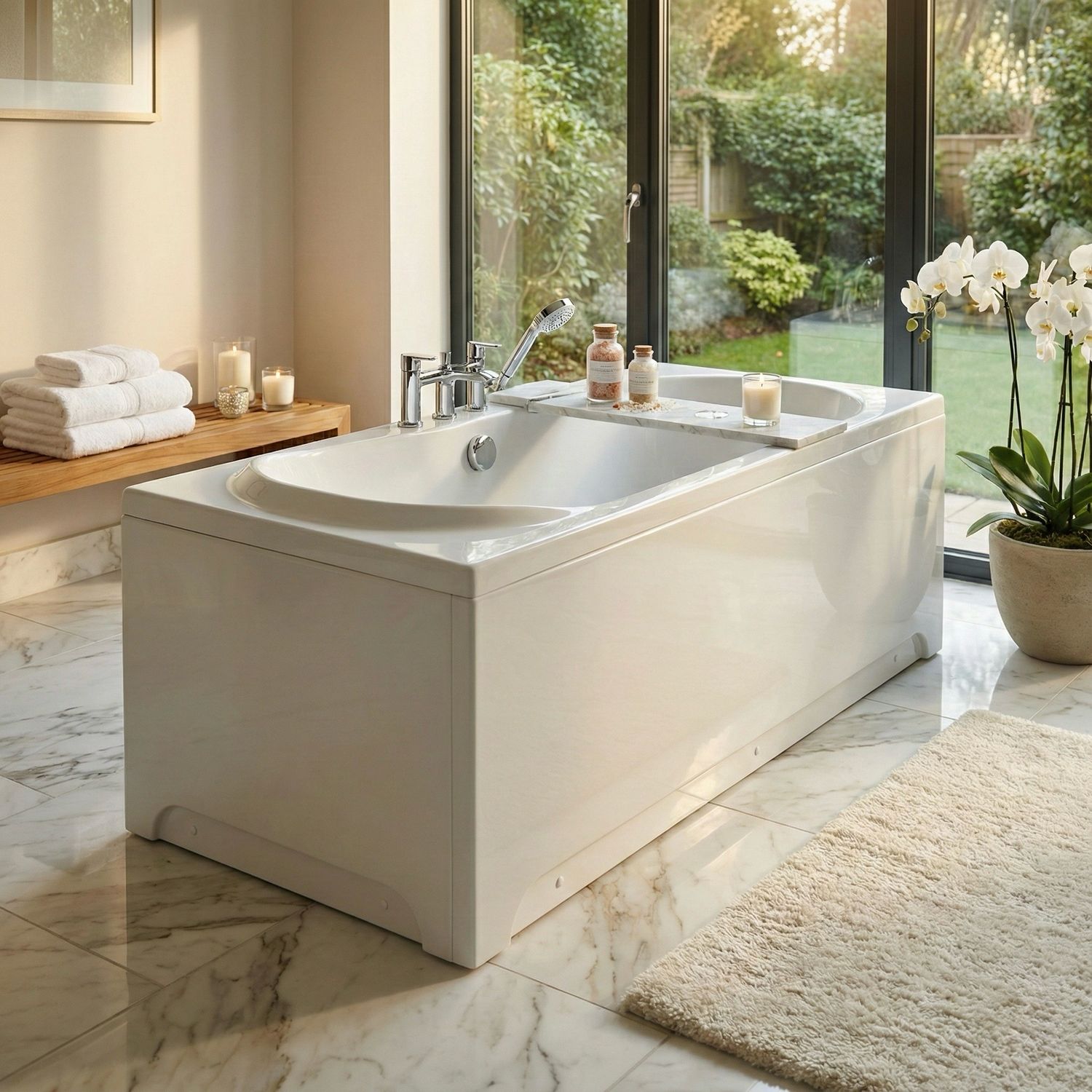 Rectangular Glass Bathtub with Front Panel, Side Panel, Support, and Feet - Lis Series - 170 x 75 cm