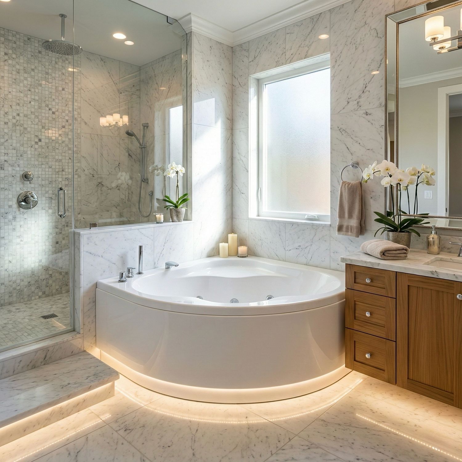 Glass corner bathtub with apron, support, and feet - Lis Series - 140 x 140 cm