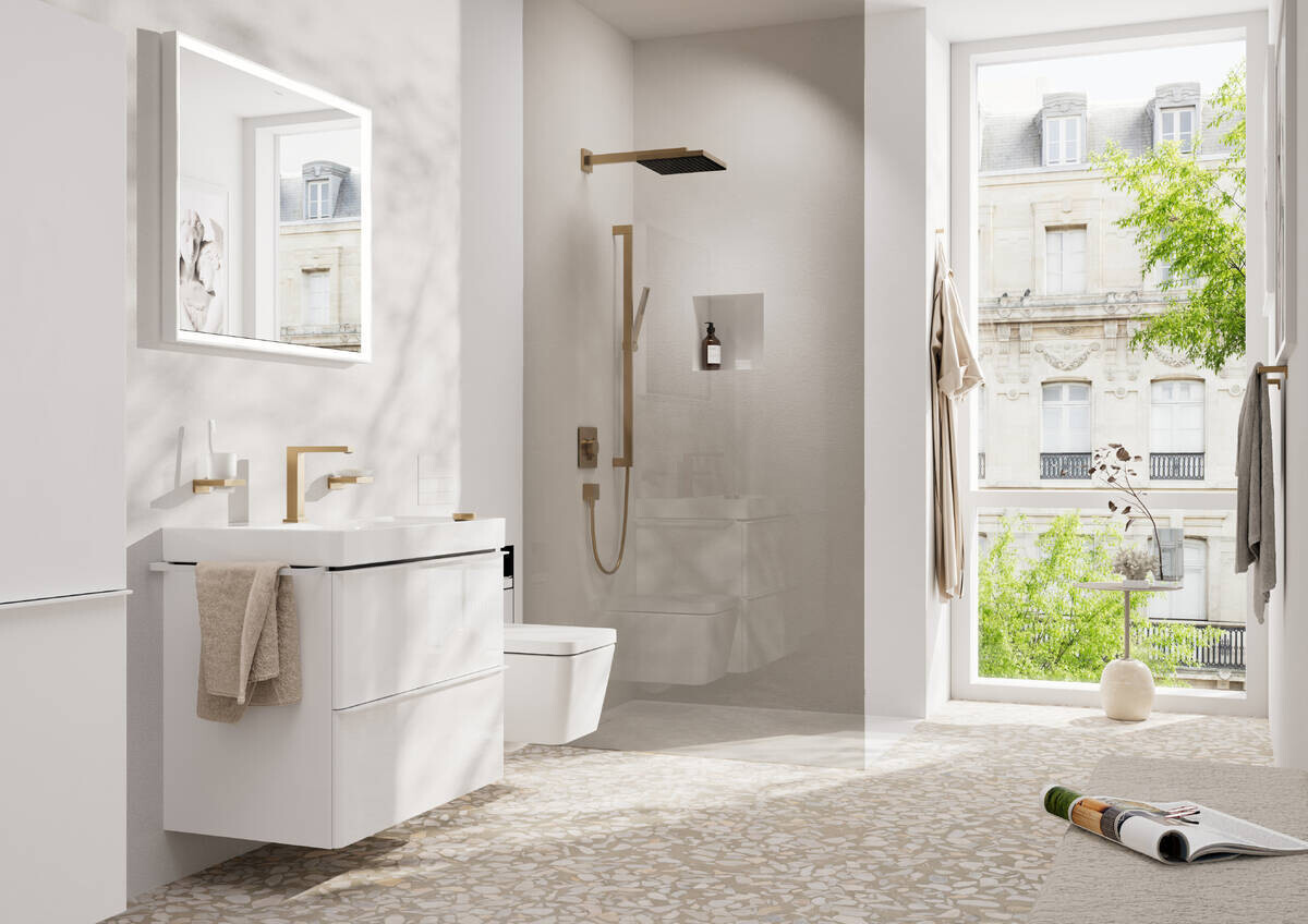 Bras de douche mural Hansgrohe Pulsify E 390 mm avec rosace carrée en bronze brossé