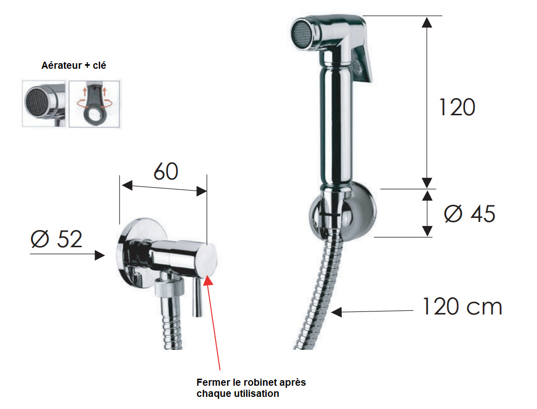 Hygienic WC Set with Exposed Faucet Remer Relax in Chrome-Plated Brass