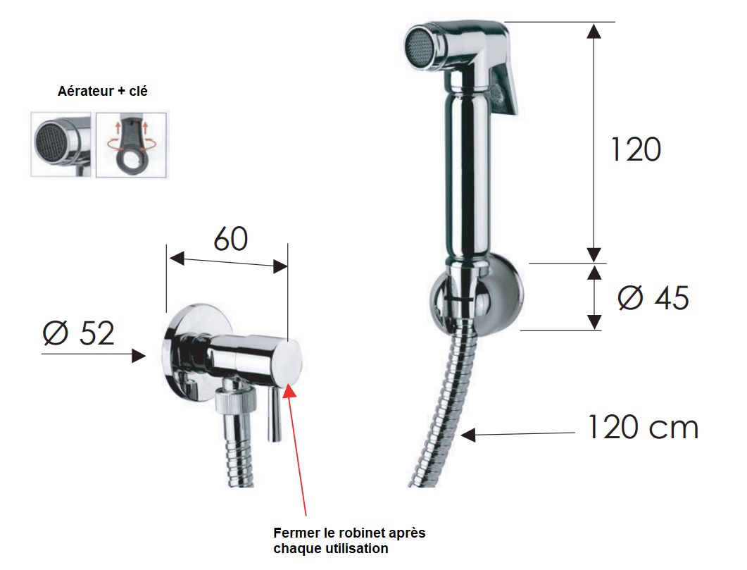 Hygienic WC Set with Exposed Faucet Remer Relax in Chrome-Plated Brass