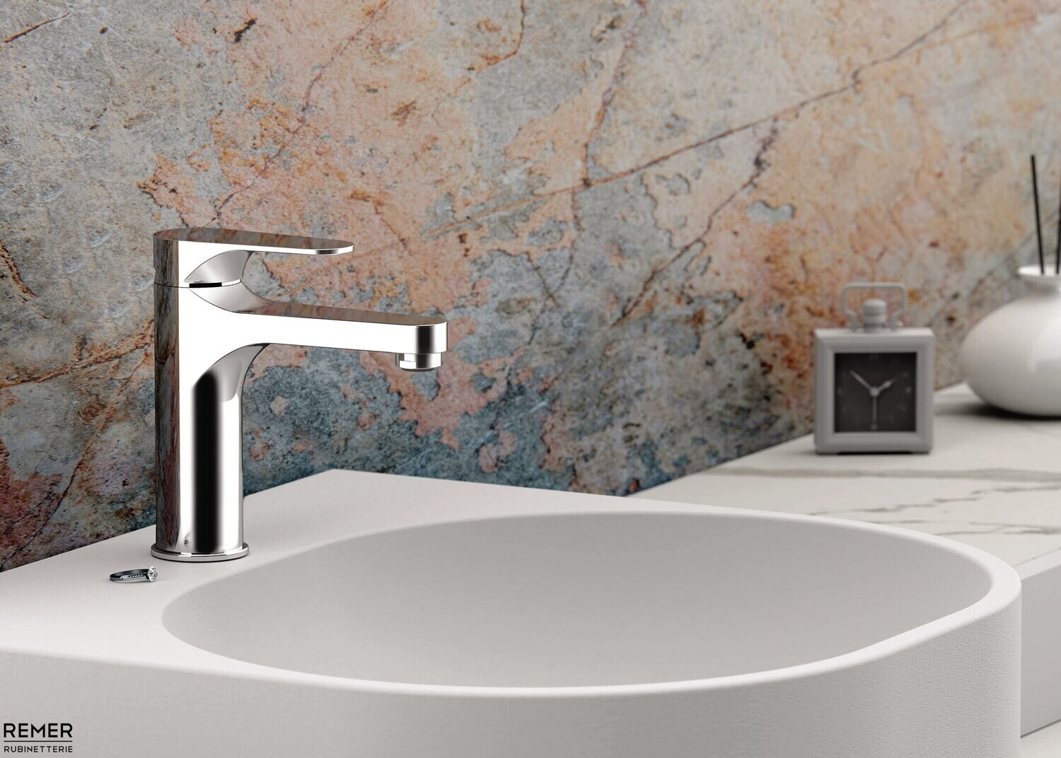 Mitigeur de lavabo Remer Classline 86 en laiton chromé et sans garniture de vidage — vue 3