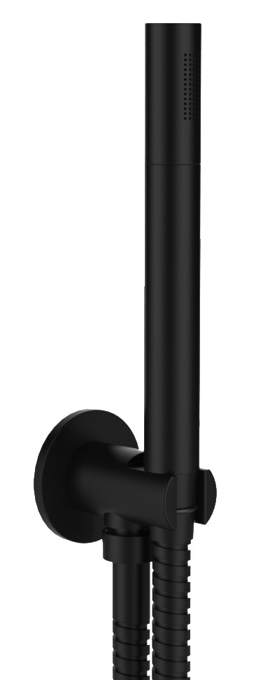 Wall-mounted Remer support with integrated fixfit, tube hand shower and black matte brass hose