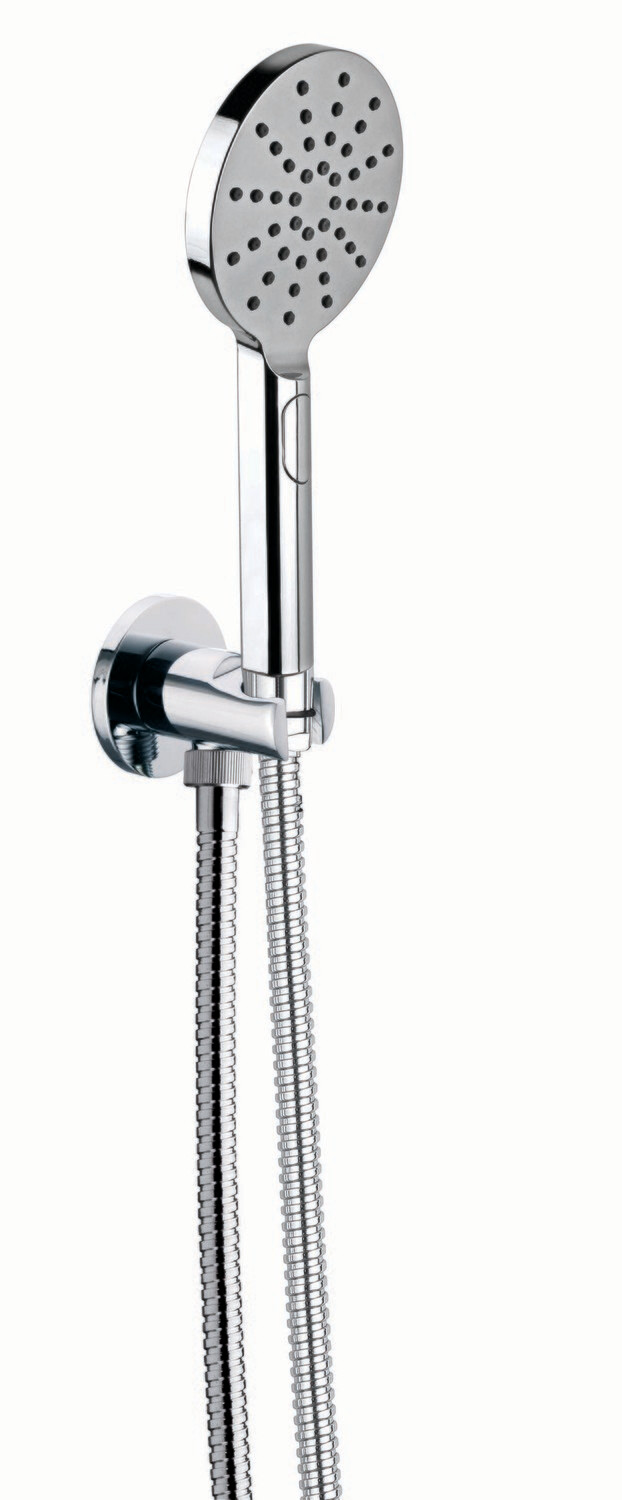 Wall-mounted Remer holder with integrated fixfit, 3-jet handheld showerhead, and chrome flexible hose