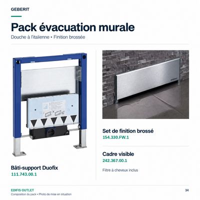 Pack complet : Kit d'encastrement + set de finition Geberit pour évacuation de douche murale en chromé brossé