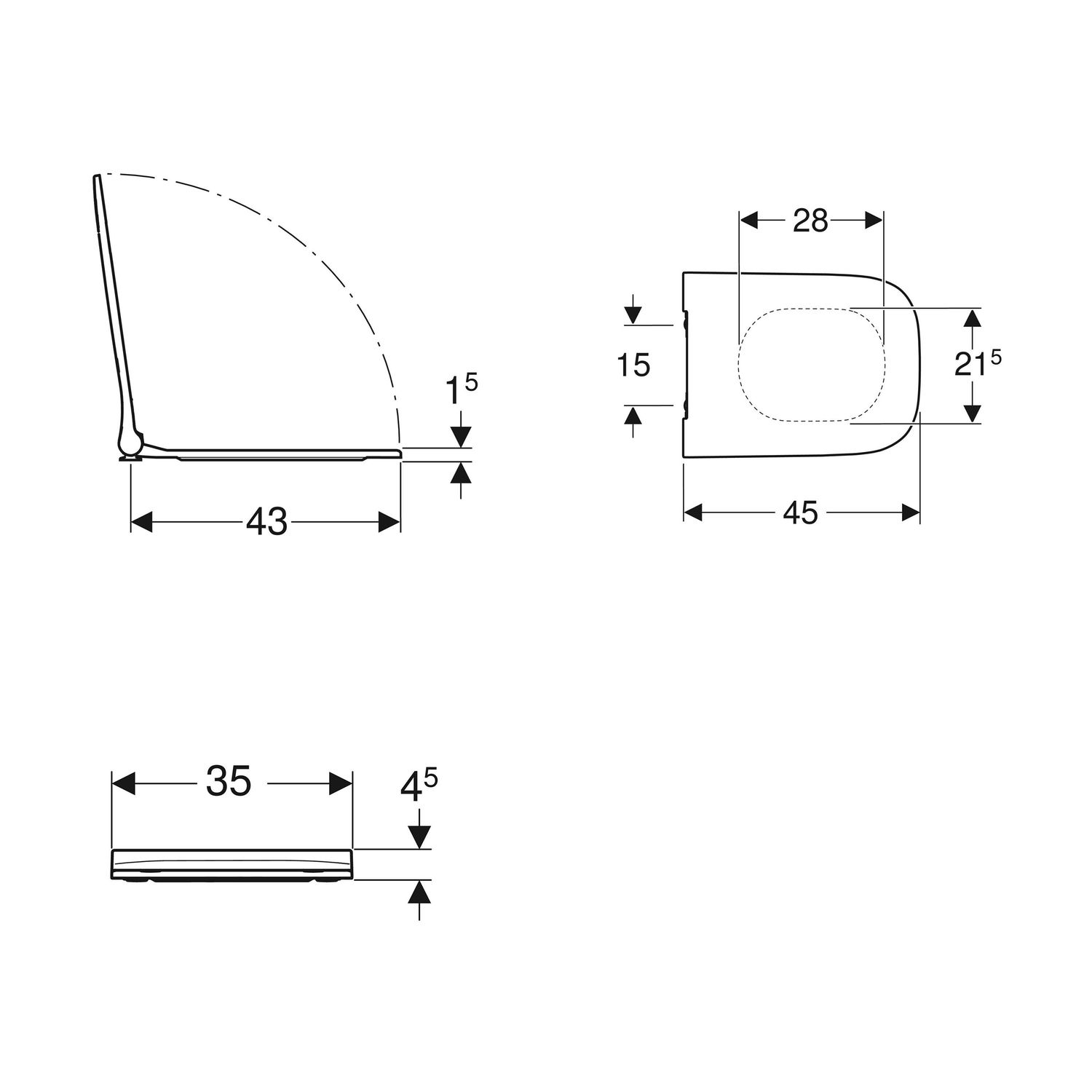Abattant de toilettes carré Geberit Smyle, 35 cm de large, 45 cm de profondeur, 4,5 cm de haut, Duroplast, antibactérien.