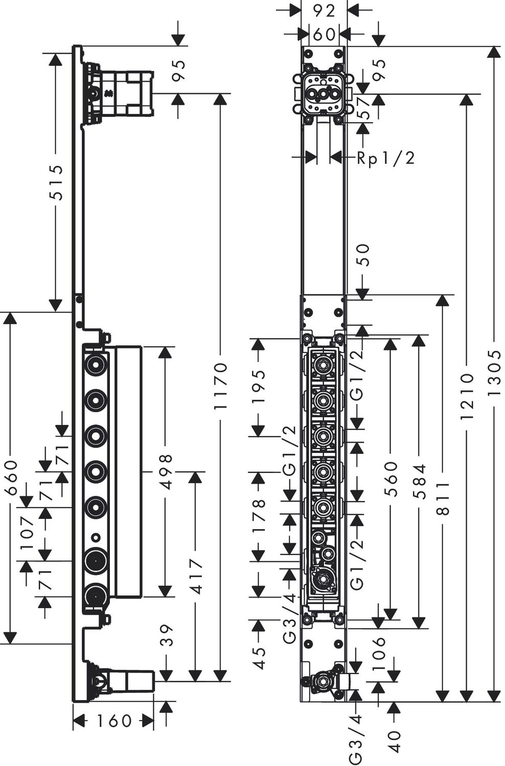Colonne de douche thermostatique Axor ShowerComposition avec douche de tête 110/120 et douchette d’épaule, en noir mat