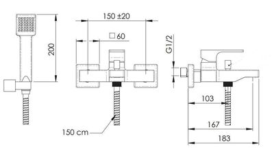 Exposed bath/shower mixer Remer Absolute with hose, hand shower, and articulated support in chrome-plated brass