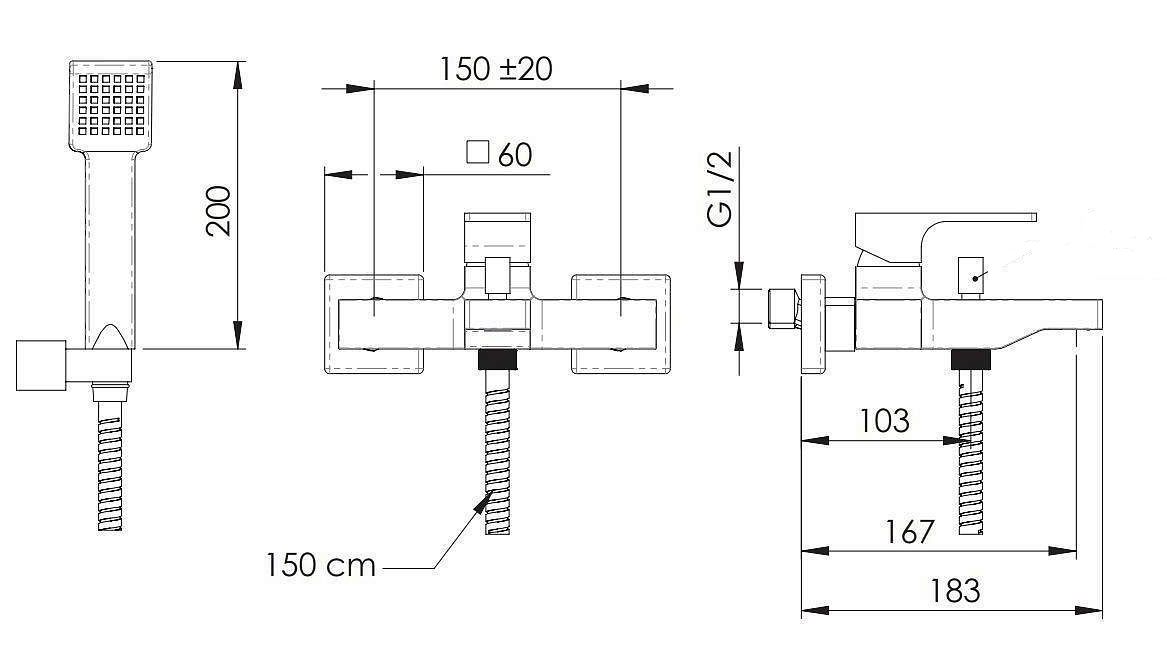 Exposed bath/shower mixer Remer Absolute with hose, hand shower, and articulated support in chrome-plated brass