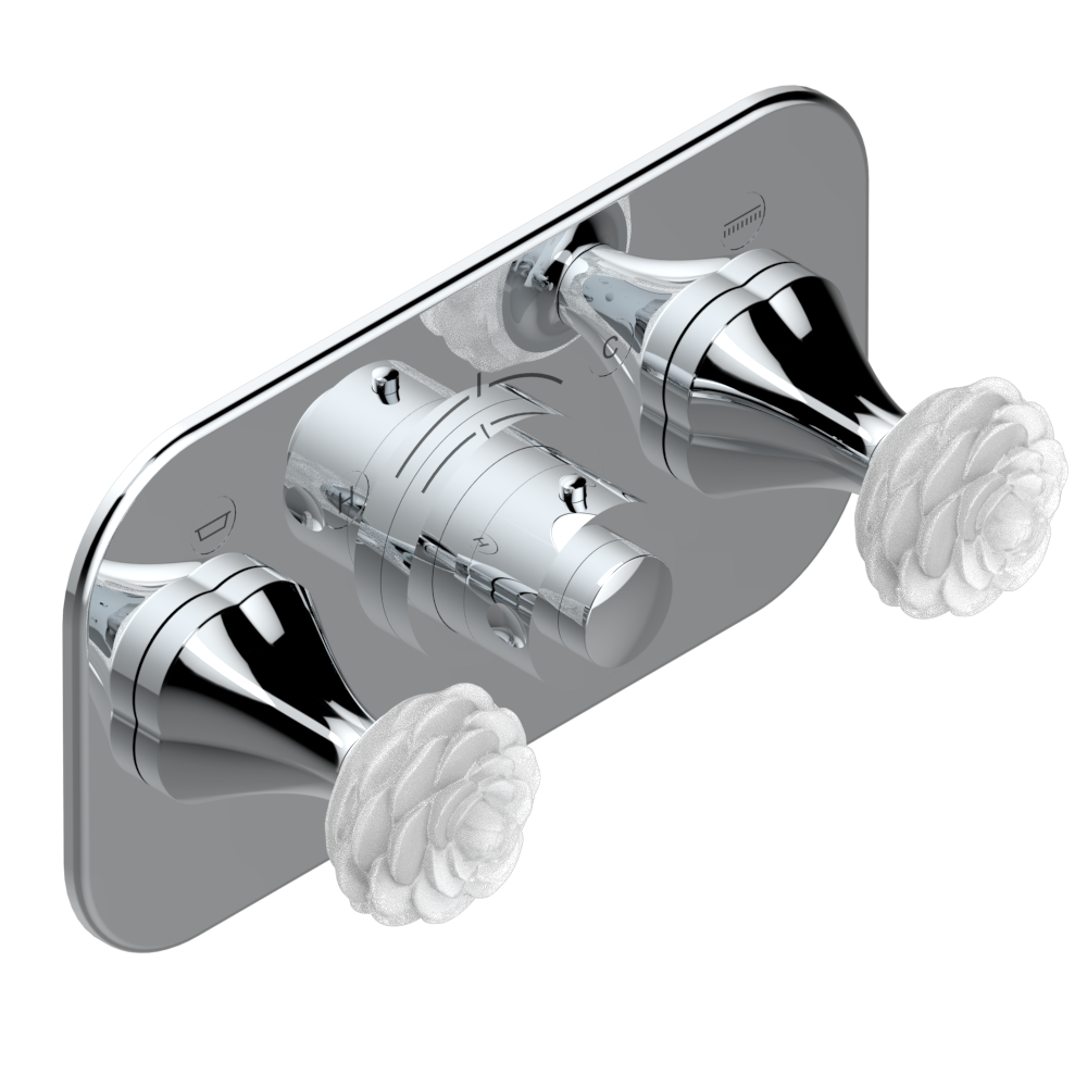 Set de finition THG pour douche thermostatique à encastrer avec deux robinets d'arrêt pour installation horizontale à 2 fonctions - Collection "Camélia Cristal Clair"