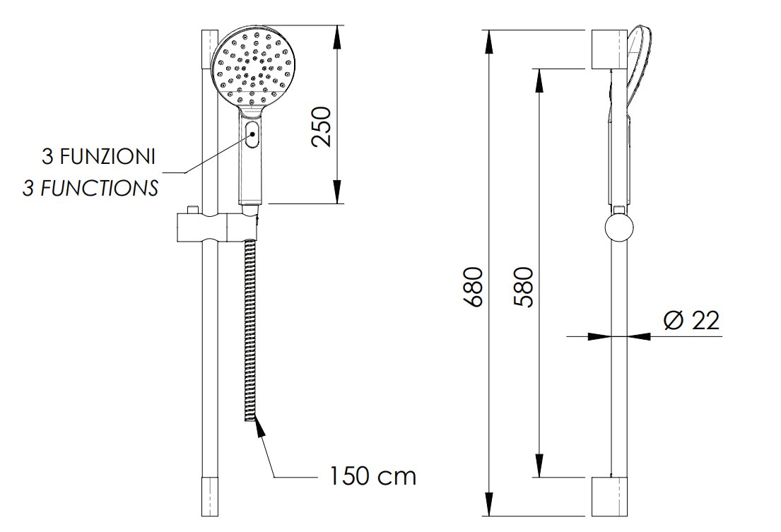 Remer Shower Bar with 3-Jet Hand Shower and Flexible Hose