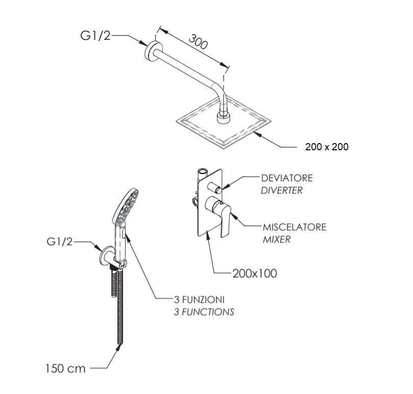 Ensemble de douche encastré Remer Energy 200 mm en laiton chromé — vue 3