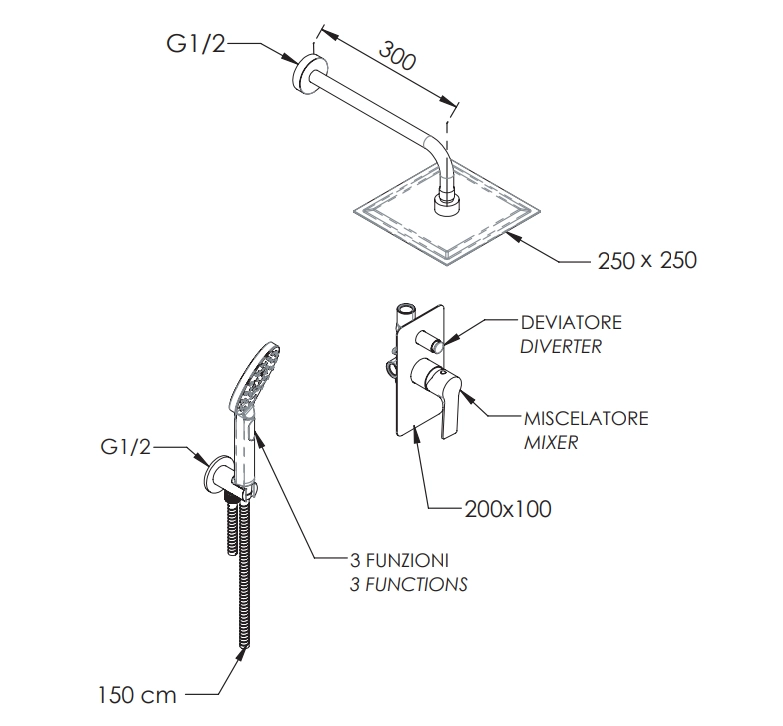 Ensemble de douche encastré Remer Energy 200 mm en laiton chromé - vue 2