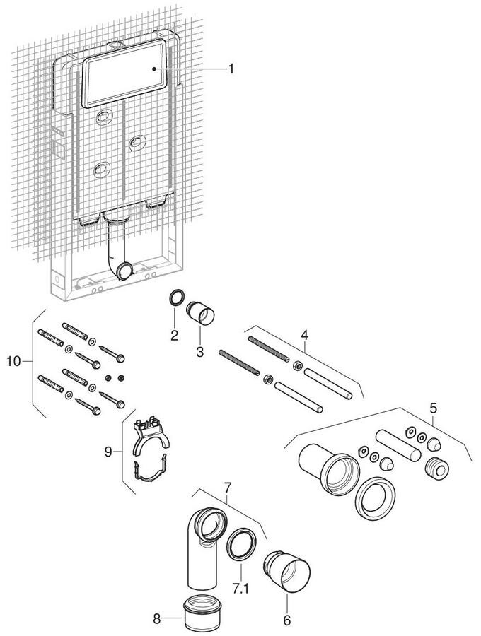 Ensemble des pièces détachées | Bâti-support encastré Geberit Twinline 8 cm