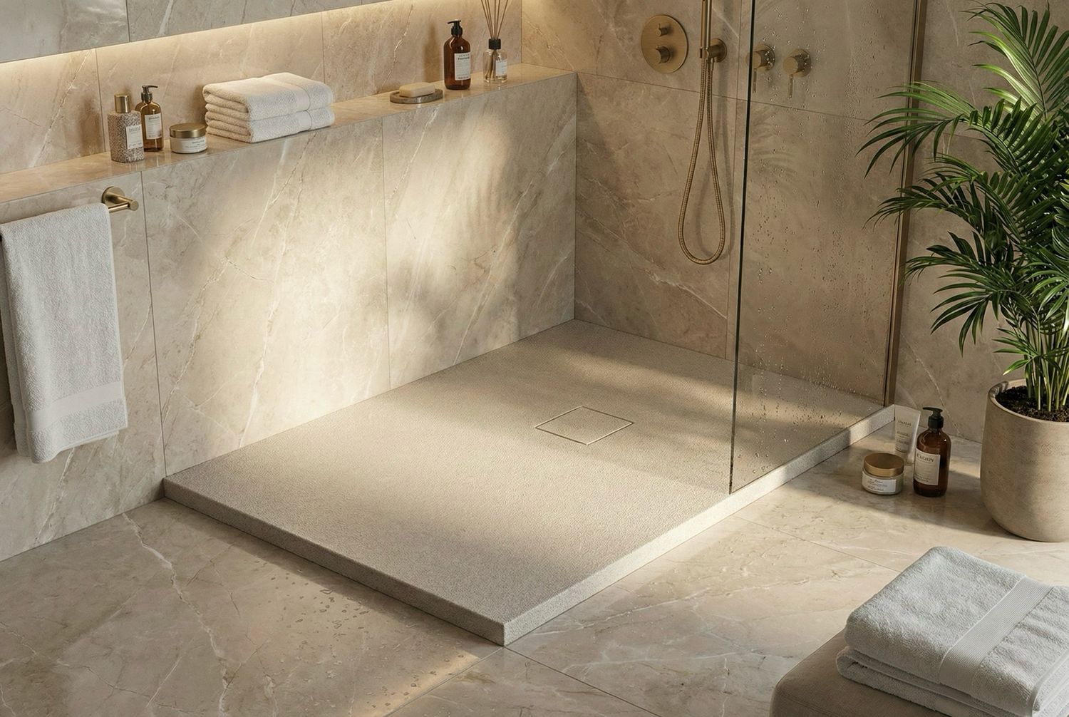 Rectangular Vulcanite Ultra-Slim and Non-Slip Shower Tray (130 to 150 cm) x 80 cm with Marbryx® or Stainless Steel Grate and Drainage