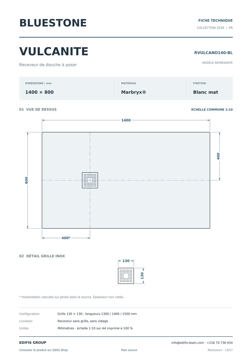 Shower tray rectangular Vulcanite low-profile and slip-resistant (130 to 150 cm) x 80 cm — Product view 16