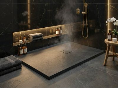 Rectangular Vulcanite Ultra-Slim and Non-Slip Shower Tray (130 to 150 cm) x 80 cm with Marbryx® or Stainless Steel Grate and Drainage Rectangular Vulcanite Ultra-Slim and Non-Slip Shower Tray (130 to 150 cm) x 80 cm with Marbryx® or Stainless Steel Grate and Drainage