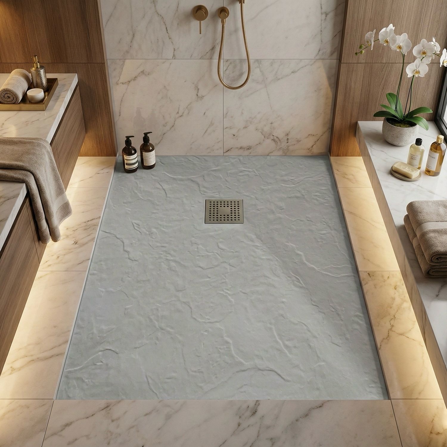 Rectangular Slate Extra-Flat Shower Tray 100 x 80 cm or 120 x 80 cm with Marbryx® or Stainless Steel Grate and Drainage