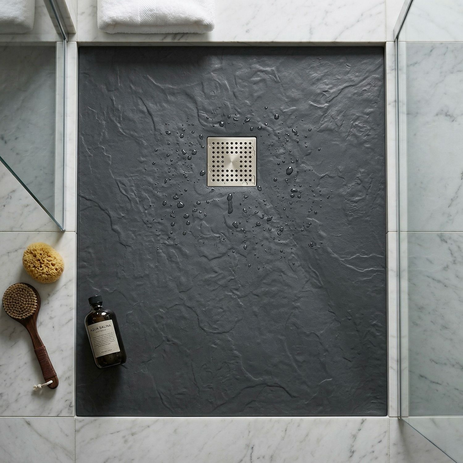 Rectangular Slate Extra-Flat Shower Tray 100 x 80 cm or 120 x 80 cm with Marbryx® or Stainless Steel Grate and Drainage
