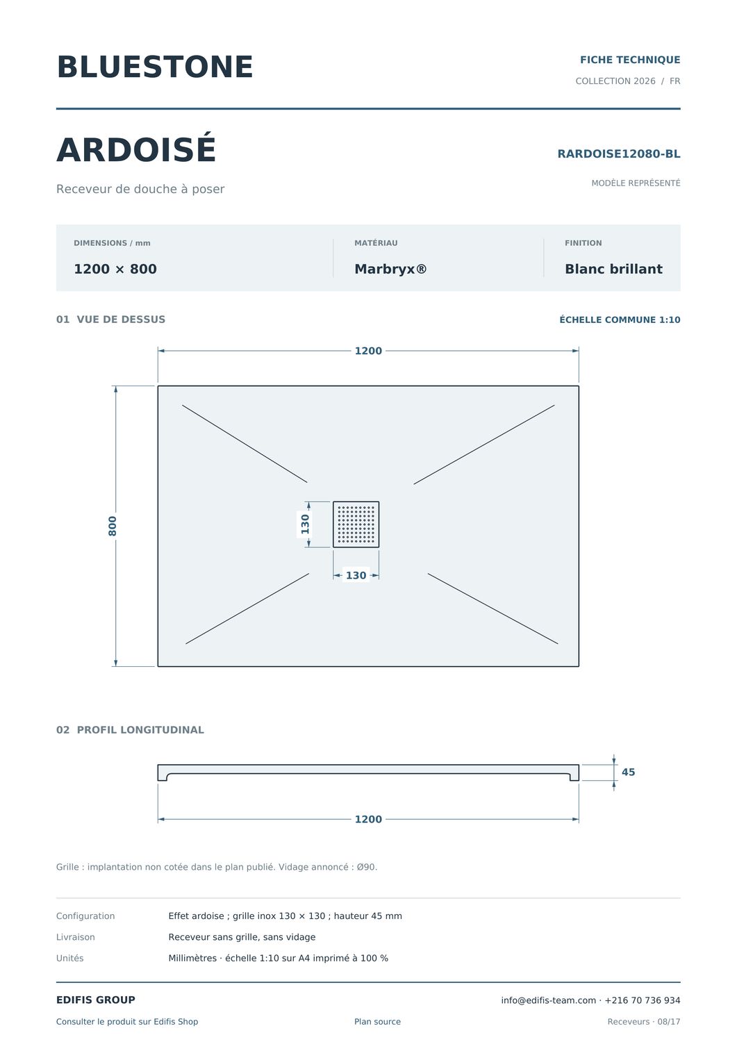 Receveur rectangulaire Ardoisé extra-plat 100 x 80 cm ou 120 x 80 cm avec grille en Tronyx® ou Inox — Vue produit 18