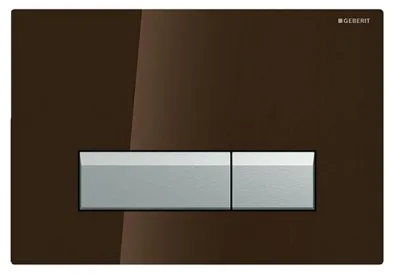 Plaque de commande double Geberit Sigma40 en aluminium brossé chocolat avec actionnement frontal et tiges d'actionnement insonorisées.