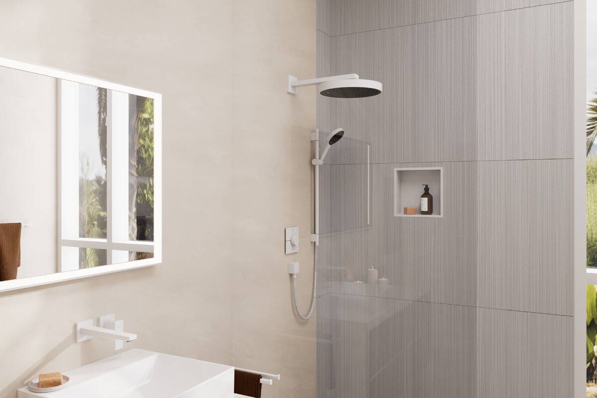 Barre de douche Hansgrohe avec douchette à main Rainfinity Select S Puro 130 3 jets et flexible Designflex, en blanc mat