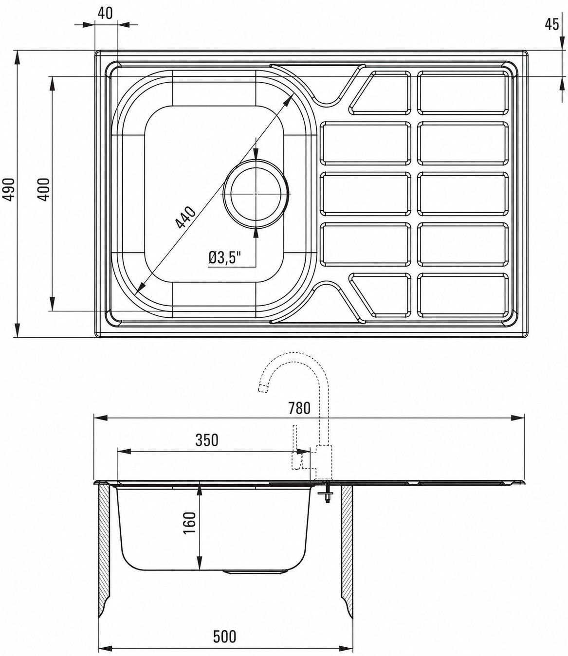 Évier de cuisine encastrable Deante Soul 78 x 49 cm​ en acier inoxydable simple bac avec égouttoir et vidage - vue 6