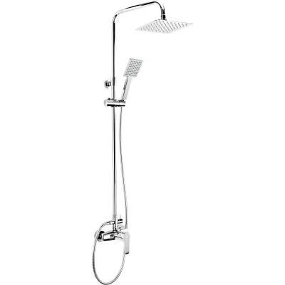 Colonne de douche chromée Deante Corio 200 avec douchette et pommeau carré 200x200mm fixé au mur.