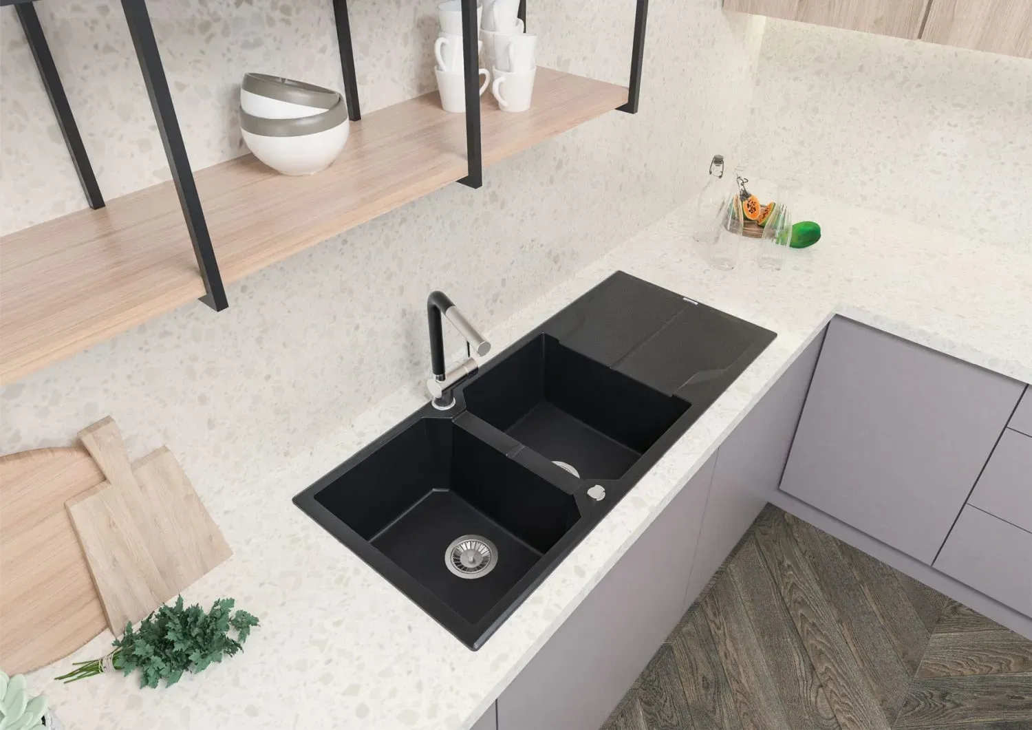 Deante Andante double-basin granite built-in kitchen sink 116 x 50 cm in metallic graphite with space-saving telescopic drainage