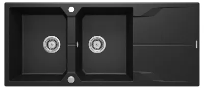 Deante Andante double-basin granite built-in kitchen sink 116 x 50 cm in metallic graphite with space-saving telescopic drainage Deante Andante double-basin granite built-in kitchen sink 116 x 50 cm in metallic graphite with space-saving telescopic drainage