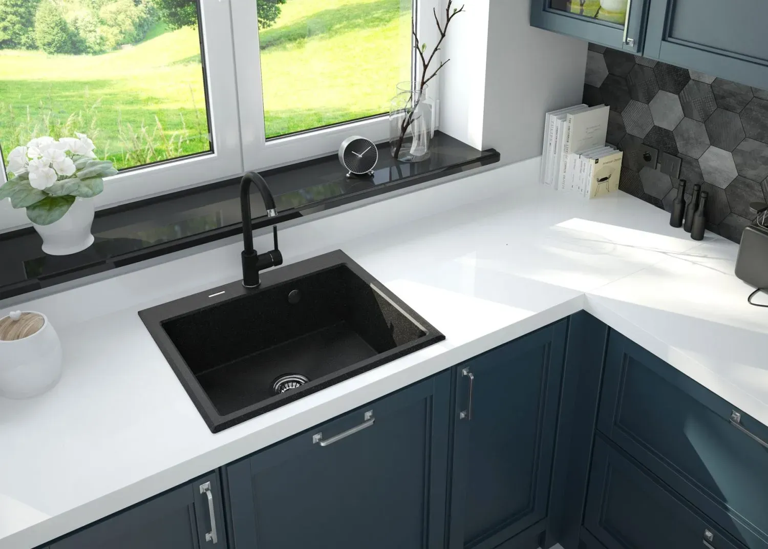 Évier de cuisine encastrable simple bac granit Deante Andante 60 x 52 cm en noir avec vidage automatique télescopique gain de place — vue 3